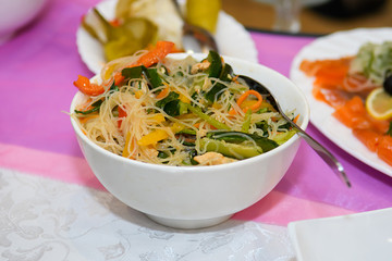 Korean salads on the holiday table. National Asian natural food.