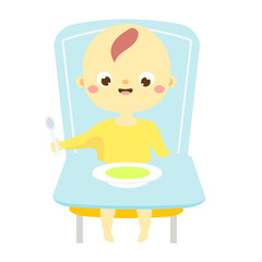 baby sit on high chair and eat . toddler have food. Newborn child, Little kid with spoon and plate