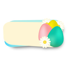 Easter banner decorated with realistic flowers and eggs. vector template