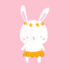 Cute rabbit in skirt. Bunny girl character for kids and children. Cartoon hare. Sweet animal for baby prints