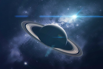 the planet saturn with spinning ring in the outer space and milky way galaxy stars background...