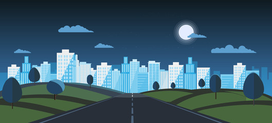 Night Public park with main street to city and sky background.Vector illustration.Road with night urban.Night cityscape and nature scene