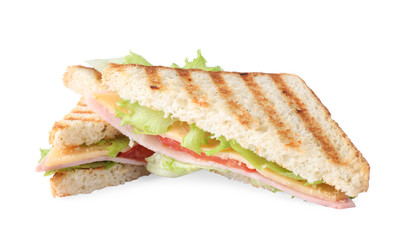 Tasty sandwich with ham on white background