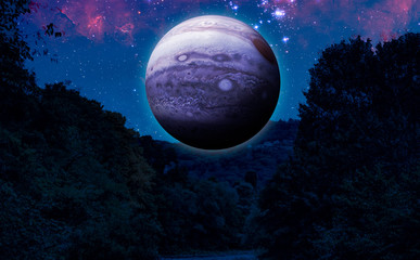 fantasy sci-fi landscape  on the earth with a huge planet in the sky during night elements of this...