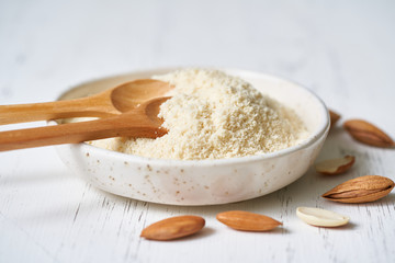 Alternative almond flour. White background, side view, close up