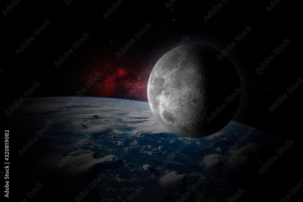 Wall mural planet earth satellite moon fly in the space with stars galaxy background elements of this image fur