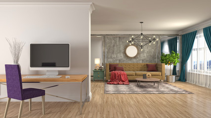 Naklejka na ściany i meble Interior of the living room. 3D illustration