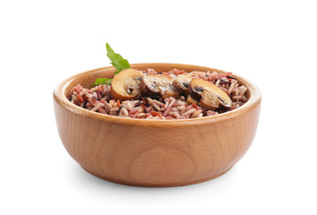 Delicious brown rice in bowl isolated on white