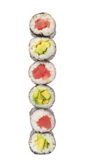 Different delicious sushi rolls on white background