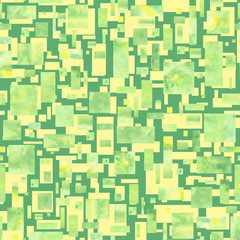 Watercolor yellow-green rectangles and squares on geometric background. Seamless pattern.