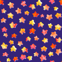 Watercolor red-yellow stars with shadow on a violet background. Seamless pattern. Isolated on black. Multicolor: red, orange, yellow, pink, coral.