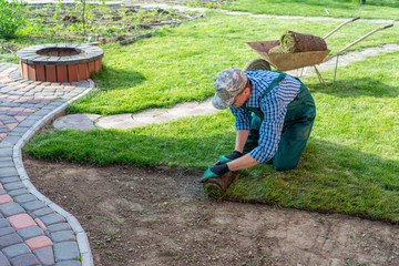 Landscape Gardener Laying Turf For New Lawn