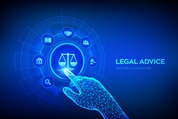 Labor law, Lawyer, Attorney at law, Legal advice concept on virtual screen. Internet law and cyberlaw as digital legal services or online lawyer advice. Robotic hand touching digital interface. Vector