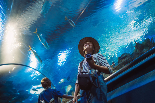 Young female with modern photo camera walking in indoor huge aquarium tunnel, enjoying a underwater sea inhabitants. Around the world traveling concept image.