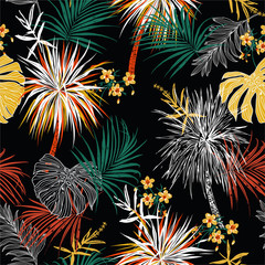 Colorful Jungle Botanical seamless pattern with dark tropical palm trees ,plants and leaves Illustration in hand drawn Hawaiian style.Vector EPS10