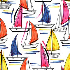 Fototapety  Piękny modny ręcznie rysowane pociągnięcia pędzlem statku, surfowania, łodzi na ocean lato wibracje wzór w wektor Eps10
