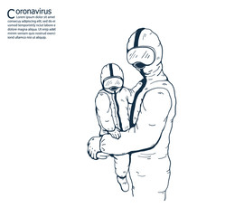 The doctor is carrying a sick girl.A girl wearing masks to help prevent the spread of a deadly coronavirus.illustration vector for coronavirus and  pollution.