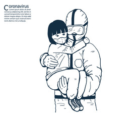 The doctor is carrying a sick girl.A girl wearing masks to help prevent the spread of a deadly coronavirus.illustration vector for coronavirus and  pollution.