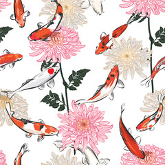 Hand drawn Seamless japanese blooming flowers pattern background with koi carp fish, Design for fashion,fabric,web,wallpapers,wrapping and all prints