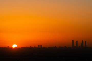 View of Madrid skyline at sunset showing the main skyscrapers