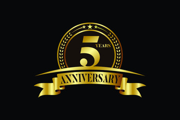 Elegant gold five year anniversary emblem with ribbon on black background