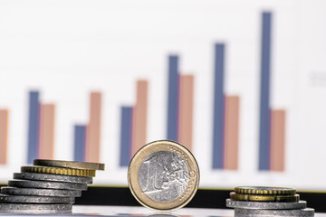 Euro-Münzen vor Grafik mit Chart und Kursentwicklung von Aktienkursen, Dividenden, Währungskursen...