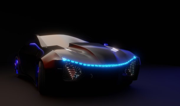 3D Futuristic Car Model In The Dark