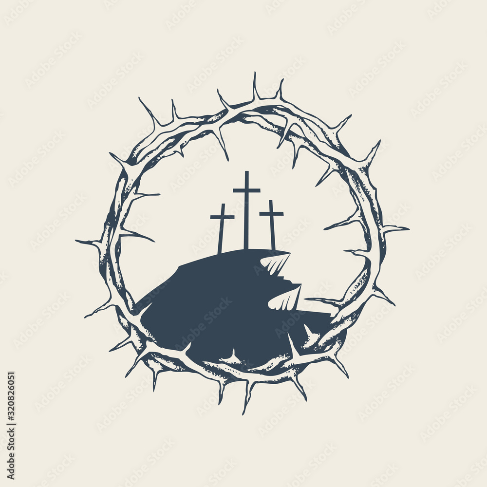 Poster vector banner, icon or emblem with mount calvary and three crosses inside a crown of thorns. religio