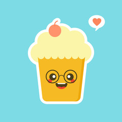 Cupcakes with cute face. kawaii Comic characters. Vector cartoon in flat style. can Use for card, mascot poster, banner, web design and print on t-shirt. Easy to edit.