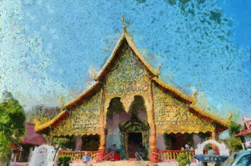 Ancient temples, art and architecture in the northern Thai style Illustrations creates an impressionist style of painting.