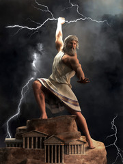 Zeus, the king of the Greek gods, stands upon Mount Olympus ready to hurl lightning bolts down upon the earth and mankind. 3D Rendering - obrazy, fototapety, plakaty