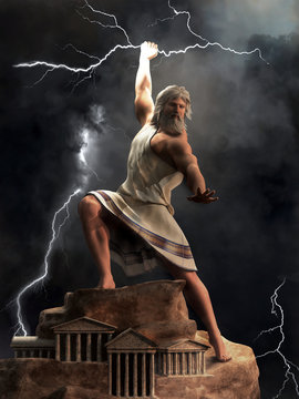 Zeus, the king of the Greek gods, stands upon Mount Olympus ready to hurl lightning bolts down upon the earth and mankind. 3D Rendering