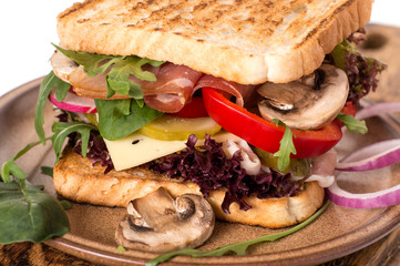 sandwich with ham vegetables and cheese with herbs.