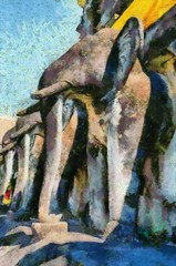 Ancient elephant statues, art and architecture, northern Thai styles Illustrations creates an impressionist style of painting.