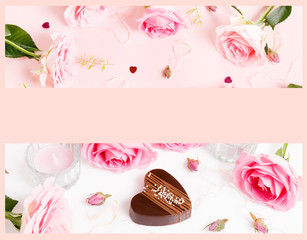 Festive flower composition on the white wooden background. Overhead view