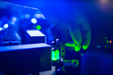 Lasers in a quantum optics lab - Researchers carrying out experiments using lasers