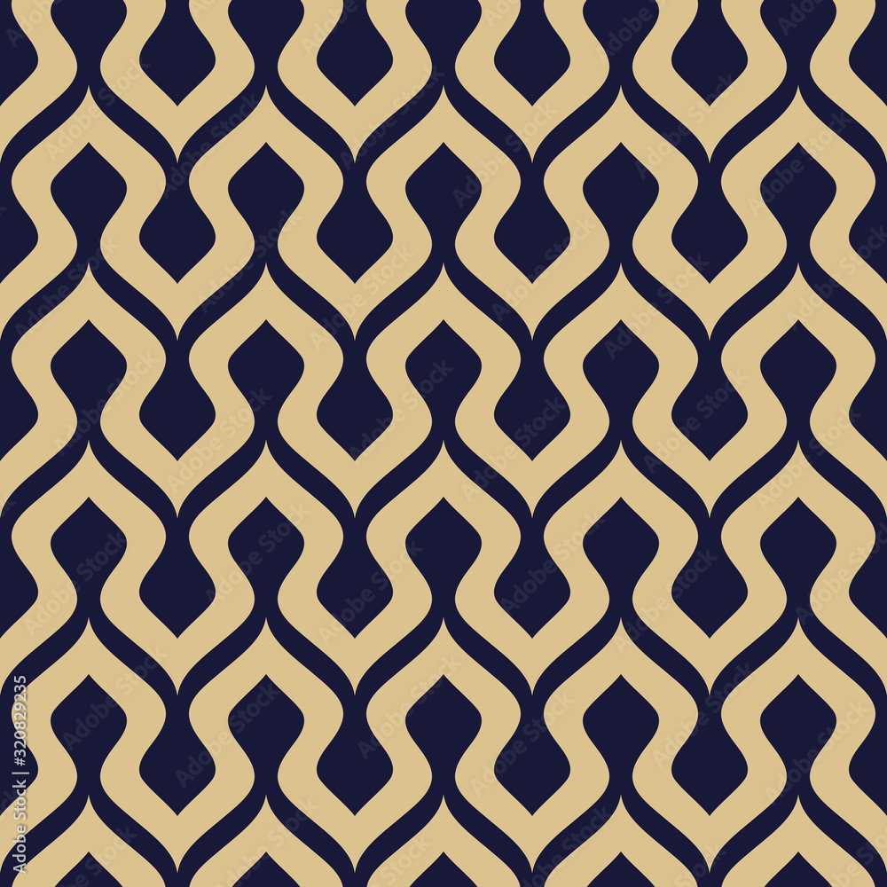 Poster stylish wavy geometric seamless pattern. vector modern texture in navy blue and gold colors.