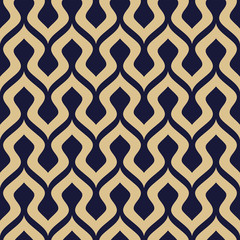 Stylish wavy geometric seamless pattern. Vector modern texture in navy blue and gold colors.