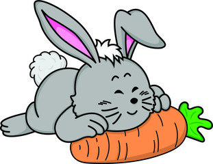 Vector illustration of Cartoon happy rabbit hugs carrot.