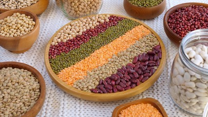 Mung Beans, Lentils, Red Beans, White Beans, Soybeans, Chickpea In Wooden Bowls. 