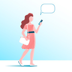 A young modern girl with a handbag walks and reads a message on the phone. Vector illustration