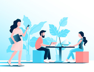 Young modern people male and female work in the office at the computer. Vector illustration.