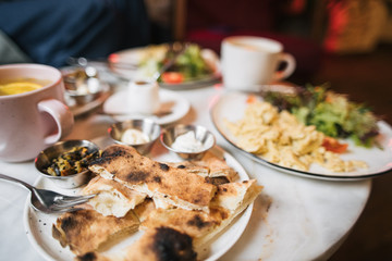 lunch in a cafe, scrambled eggs and bread