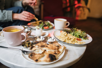 lunch in a cafe, scrambled eggs and bread