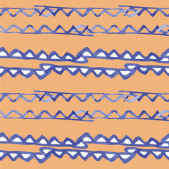 Vector seamless pattern ethnic indigo watercolor with white and blue triangles and ocher yellow background.