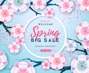 Spring big sale poster with full blossom flowers. Spring background