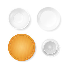 Realistic Detailed 3d White Ceramic and Wood Plate Set. Vector