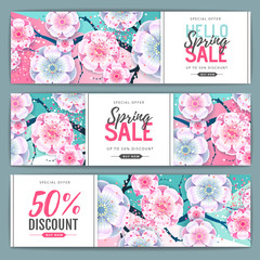 Fototapeta na wymiar Spring big sale poster with full blossom flowers. Set of Spring sale banners