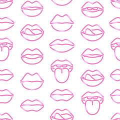 Lips Neon Signs Thin Line Seamless Pattern Background. Vector