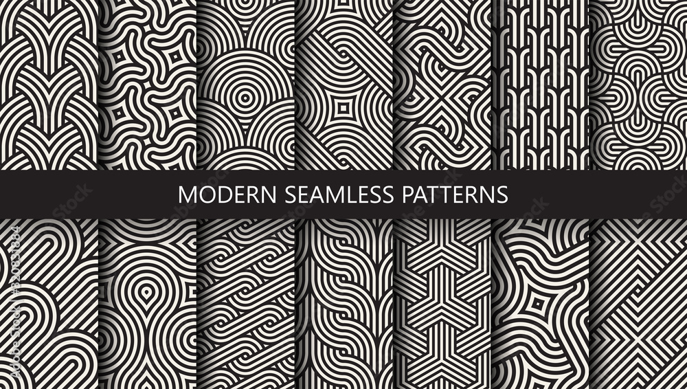 Poster Vector set of 14 geometric linear patterns. Collection of seamless modern textures for your design.